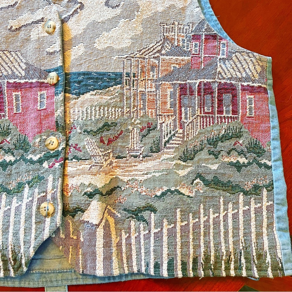 Vintage ORVIS Size XL Denim Tapestry Coastal Scene Vest - Picture 7 of 9